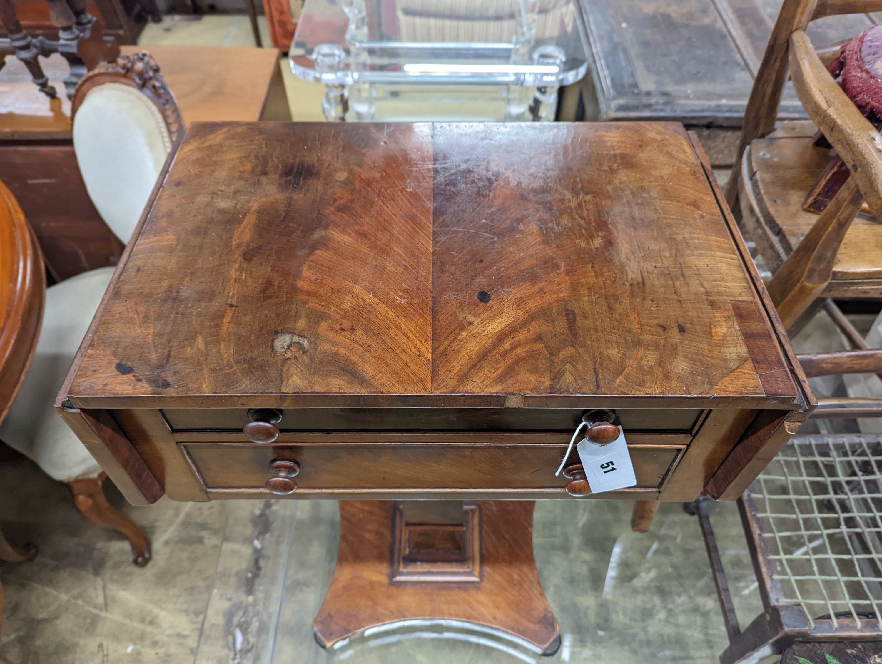 A Victorian mahogany drop flap work table, width 49cm, depth 31cm, height 71cm